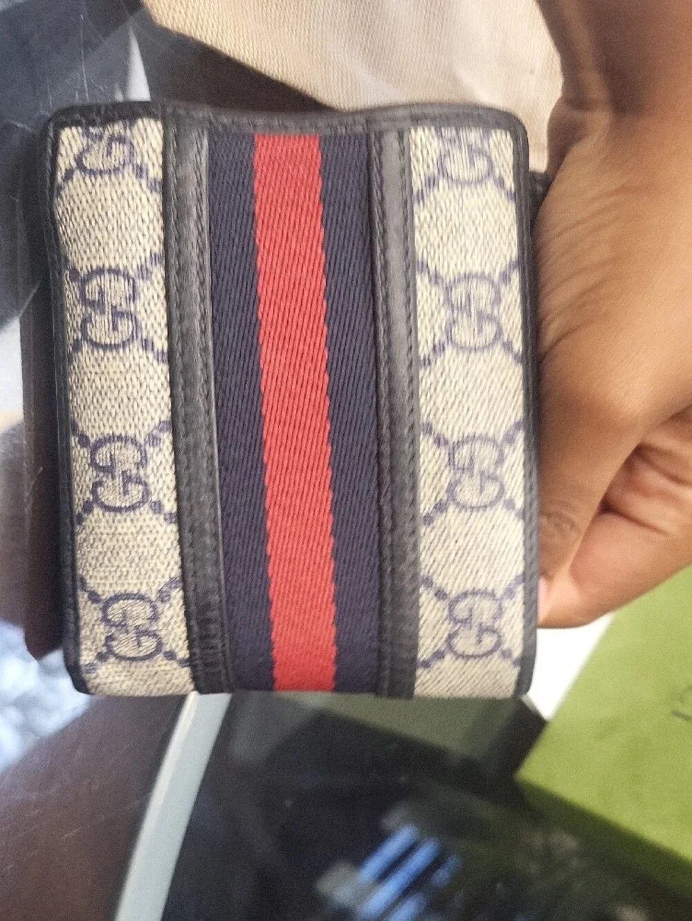 Gucci Beige GG Canvas Card Holder with Navy & Red Stripe